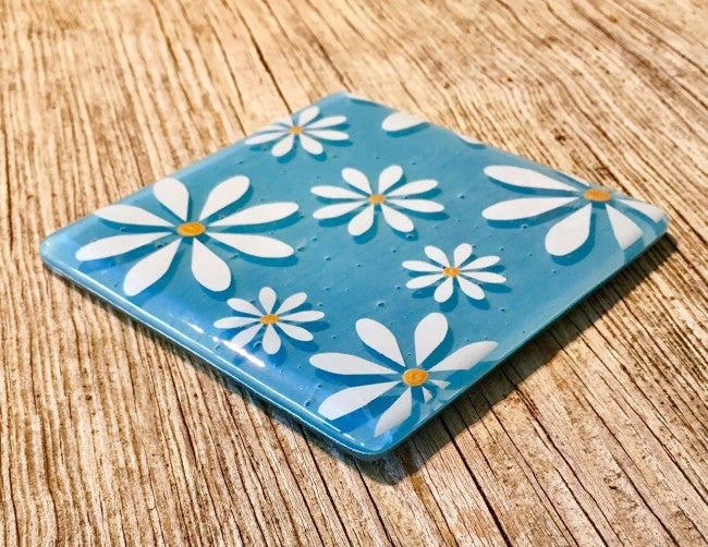 Set of 4 White Daisy Coasters - Turquoise