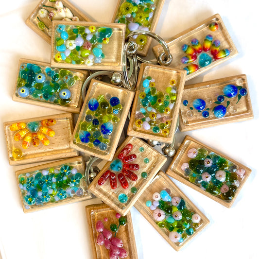 Fused Glass and wood key rings