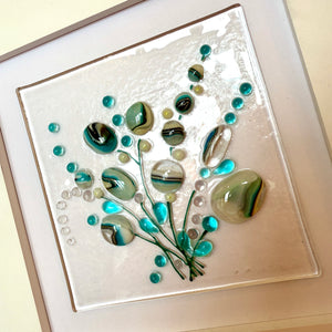 Beautifully tactile Fused Glass bouquet in blues, creams and aqua. Mounted and framed ready to hang. 30cm x 30cm ONE ONLY STUDIO ORIGINAL