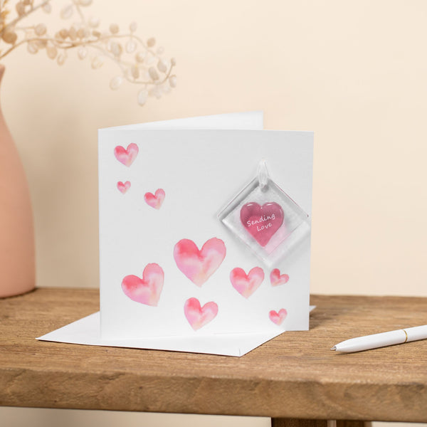 Greeting Card with hearts and handcrafted glass hanging to keep.