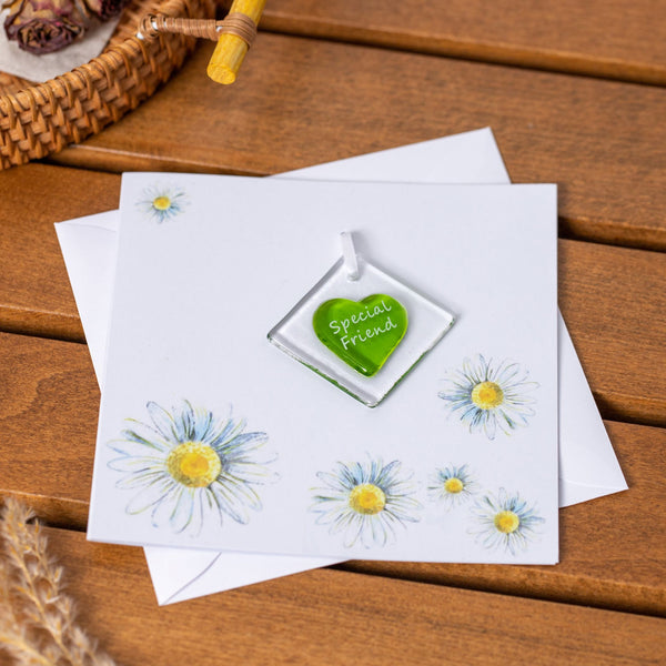 Greeting Card with daisies and handcrafted glass hanging to keep.