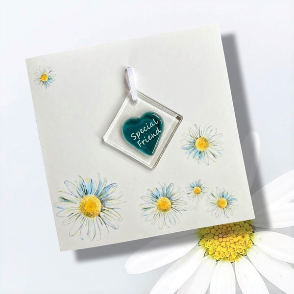 Greeting Card with daisies and handcrafted glass hanging to keep.