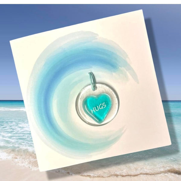 Greeting Card with curling Wave and handcrafted glass hanging to keep.
