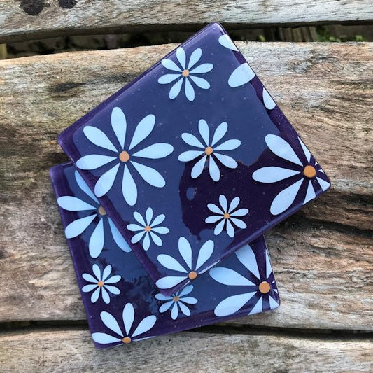 Set of 4 White Daisy Coasters - Purple