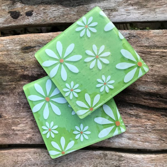 Set of 4 White Daisy Coasters - Lime