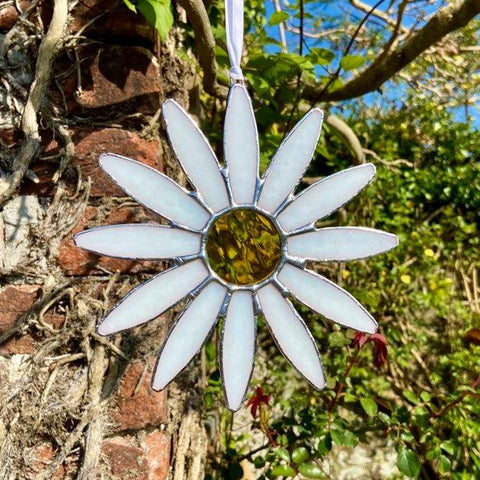 Hanging Stained Glass Daisy - White