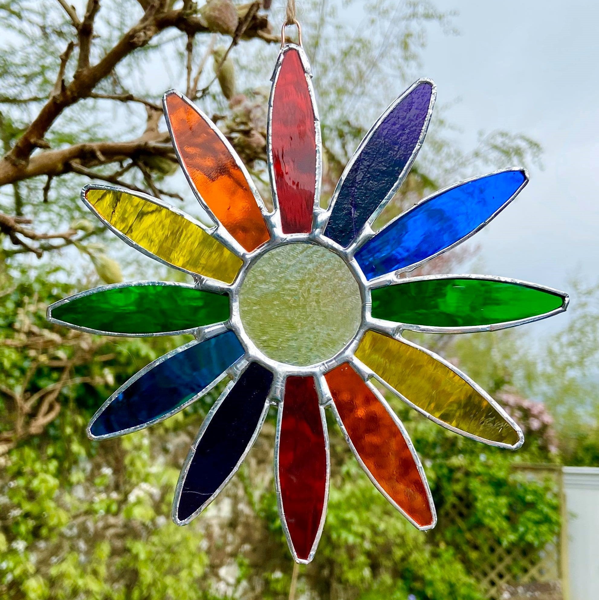 Hanging Stained Glass Daisy - Rainbow
