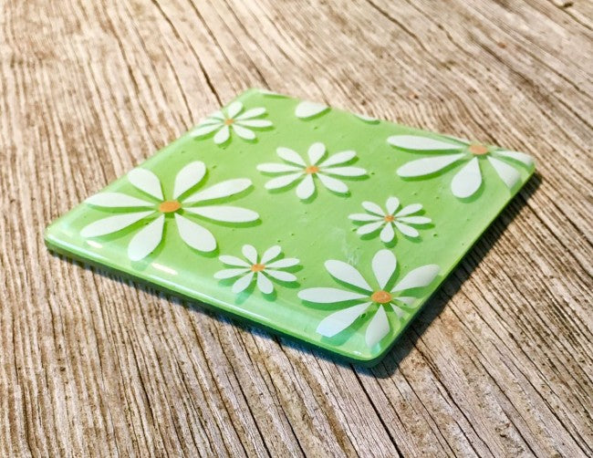 Set of 4 White Daisy Coasters - Lime