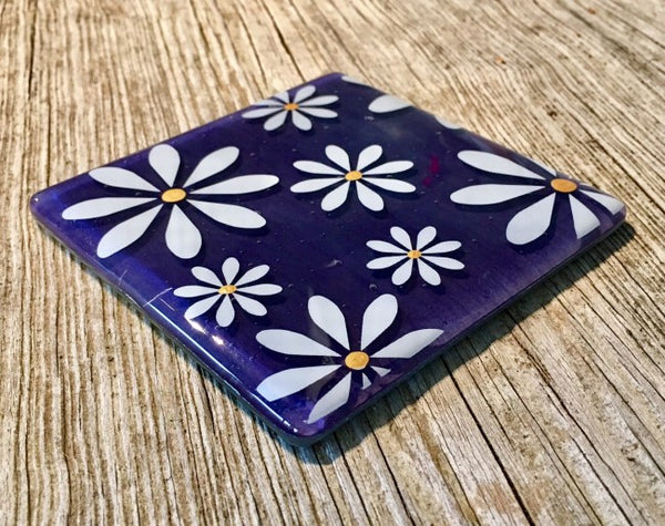 Set of 4 White Daisy Coasters - Purple